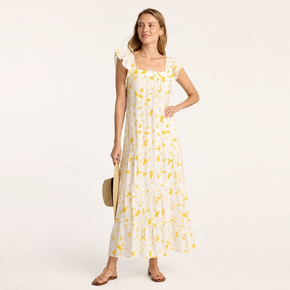 Marie Oliver Womens Silk Ruffle Maxi Dress XSβ Boho Tiered Yellow White Summer